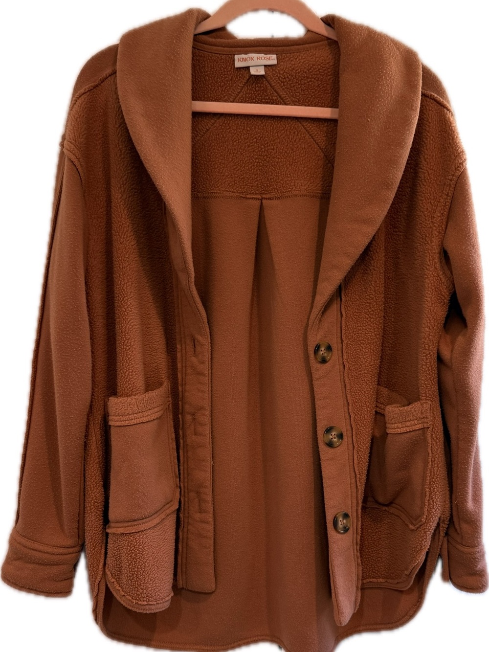 Rust Shawl-Collar Multi-Media Teddy Jacket Oversized Small